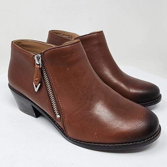 Vionic Jolene Bootie Women 6.5 Brown Leather Burnished Toe Side Zip Boots VS350 - Picture 1 of 11